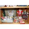 Image 2 : Shelf lot of vintage and collectible toys including Santa, angel tree topper, lusterware tea set, fl