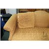 Image 2 : Chippendale style full size sofa with carved ball and claw feet and gold brocade fabric, 81" wide