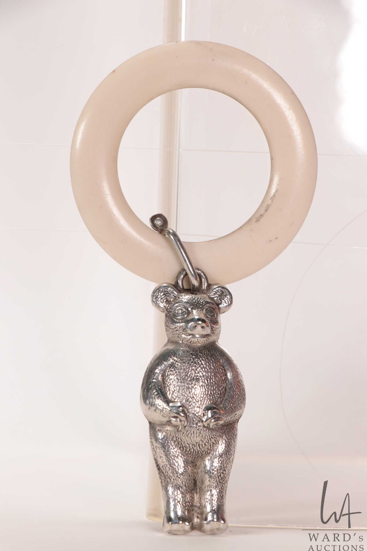 Vintage silver teddy bear rattle, no marks seen