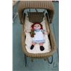Image 2 : Vintage wicker dolls pram with vintage Raggedy Ann doll. Pram 31" to top of bonnet