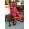Image 1 : Mid 20th century open arm rocking chair reupholstered with red on white upholstery and small antique