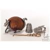 Image 1 : Vintage/ antique squirrel pin cushion and two thimbles marked 925 plus a brass button hook