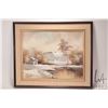 Image 2 : C. Delpe framed original acrylic on canvas painting of a cabin at the edge of a lake, 15 1/2" X 19 1