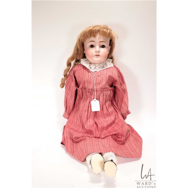 Antique 16" Kestner 166 bisque head doll with brown sleep eyes, open mount on leather body with bisq