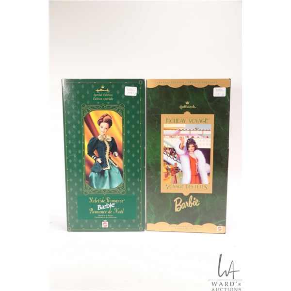 Two boxed Hallmark Barbie dolls including Holiday Voyage and Yuletide Romance