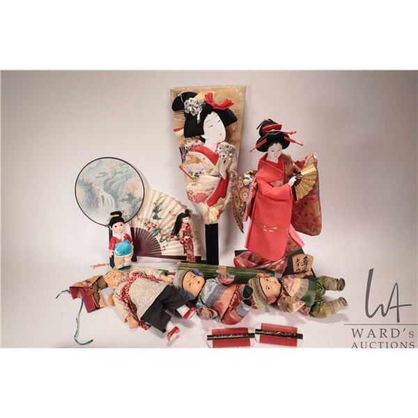 Tray lot of Asian collectible dolls including composition Baby Amah Chinese figure with infant 11", 