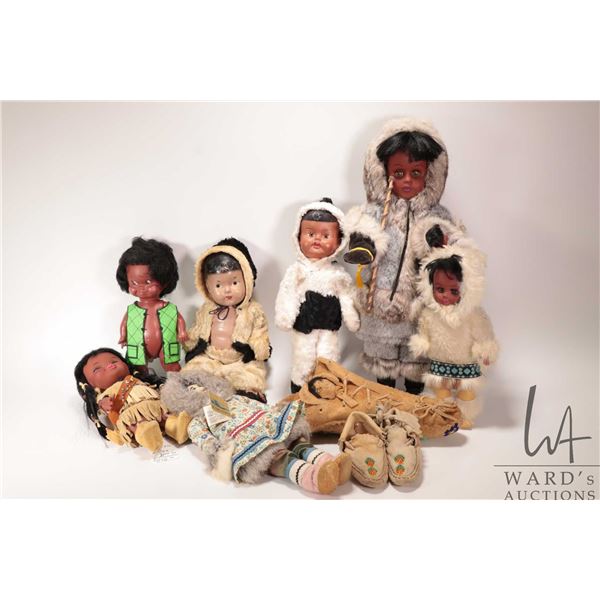 Selection of vintage and collectible Inuit dolls including Reliable Kimmie doll, Dee & Cee doll, Rel