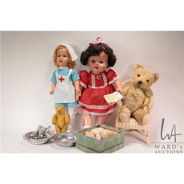 Tray lot of collectible toys including composition Dionne Quintuplet Emilie plus two childs Quintupl