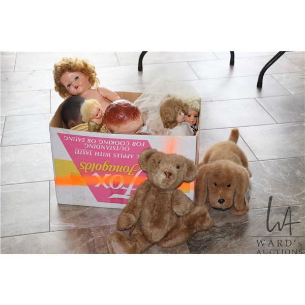 Box lot of vintage collectible dolls and real fur bears including Roddy Walkers, Gund dog etc.