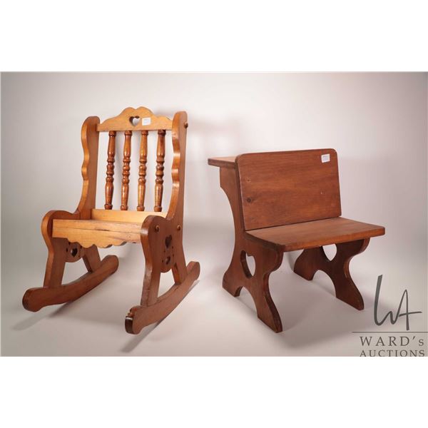 Doll sized wooden school desk and rocking chair with 20" back