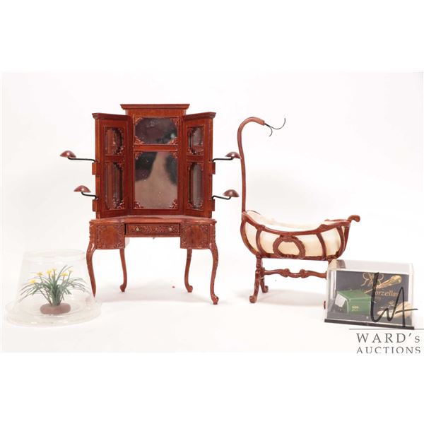 Selection of quality dollshouse furniture including cradle and dresser with hat holders plus a Harro