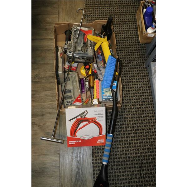 Selection of tool kits, pad lock, flash lights, Jumper cables, earphones, fifth wheel lock tool, wir