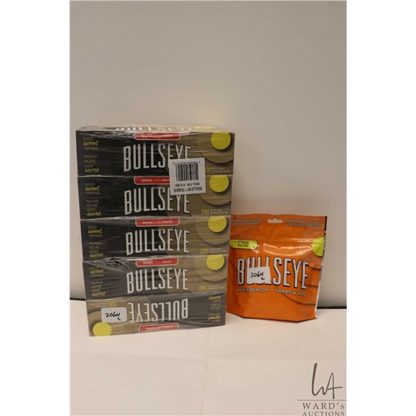 Five 200 count voxes of Bullseye filtered tubes and a pack of Bullseye peach tobacco