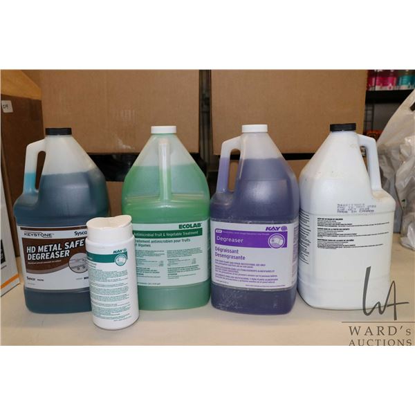 Selection of industrial cleaners including one 3.78 L container of Keystone heavy duty metal safe de