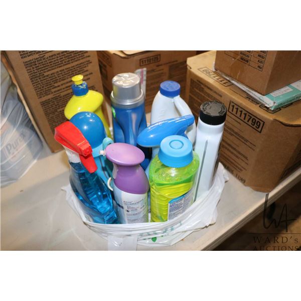 Selection of household cleaners including one 1.74 L container of Purex laundry soap, one 828 ml of 