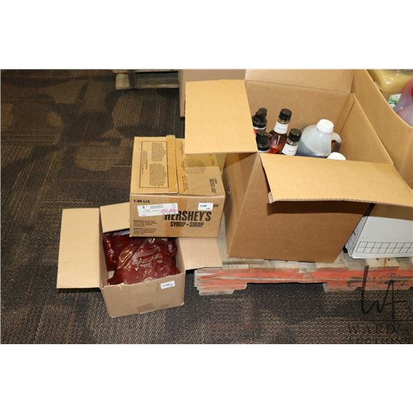 Selection of food items including box containing 5 1L bags of strawberry topping, Hershey's box w/ 2