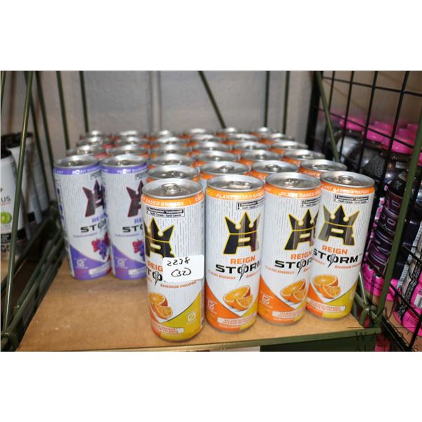 32 355ml cans of Reign Storm energy drink including 2 harvest grape, 3 peach nectarine and 27 Valenc