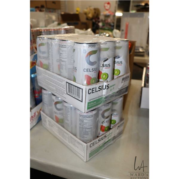 Two flats w/ 12 355ml cans of Celsius energy drink sparkling kiwi guava