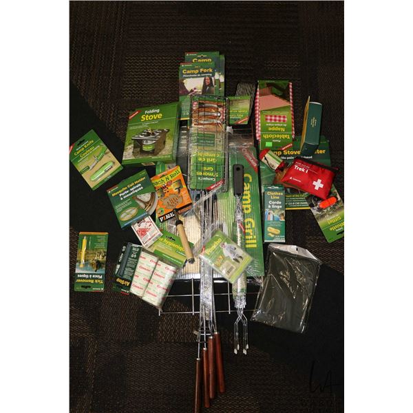 Selection of new in packaging camping accessories including Smores Grills, toasting forks, campfire 