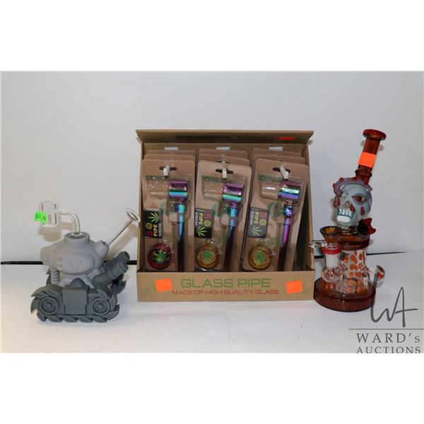 Two handmade water pipes including one glass and one plastic & glass. Plus selection of 9 glass pipe