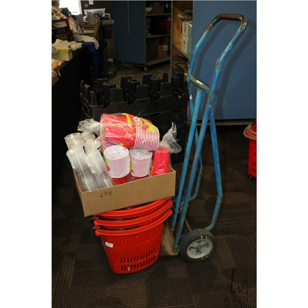 Four grocery totes, selection of plastic wine glasses and cups, two wheel cart, etc