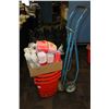 Image 1 : Four grocery totes, selection of plastic wine glasses and cups, two wheel cart, etc