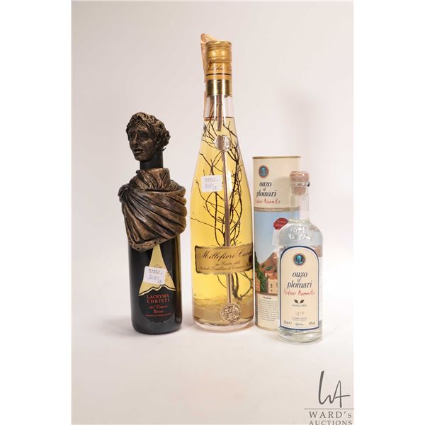 Three bottles including Ouzo of Plomari / 200ml/ 40% ABV, Lacryma Christi/ 375ml/ 12% ABV and Millef
