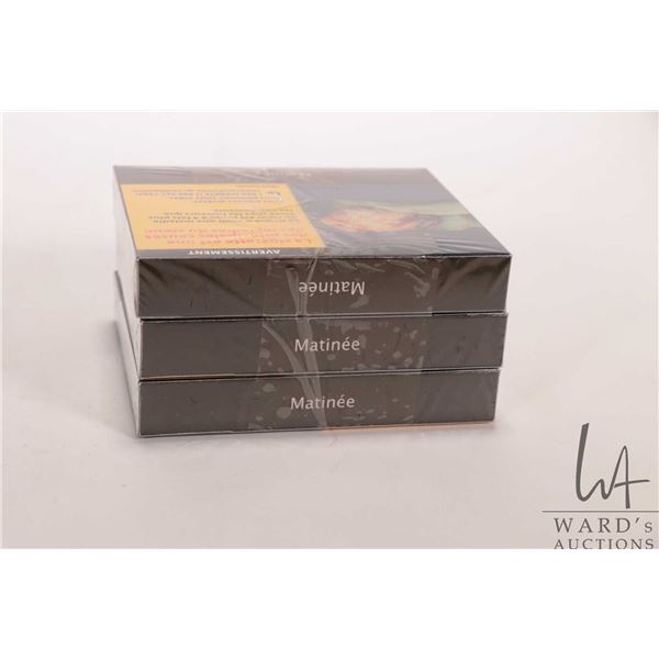 Three 25 count packages of Matinee king size cigarettes  Note: Age appropriate Canadian buyers only