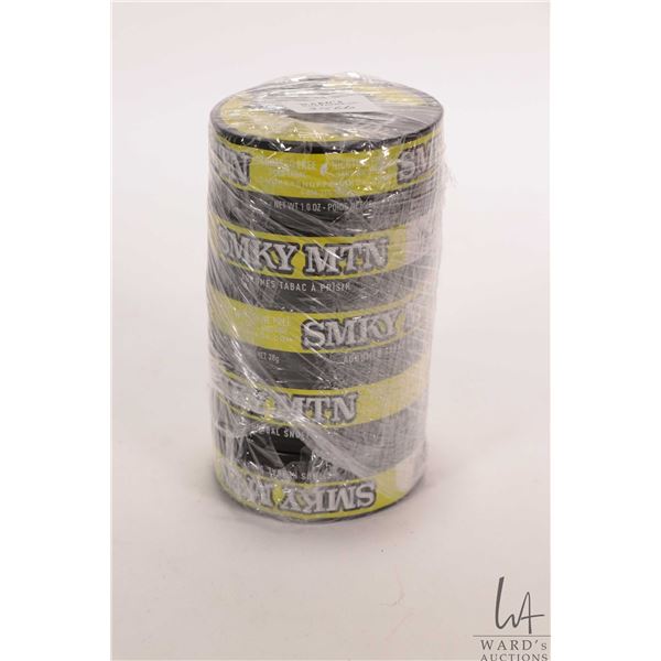 Five 28 gram tins of Smokey Mountain Peach snuff  Note: Age appropriate Canadian buyers only