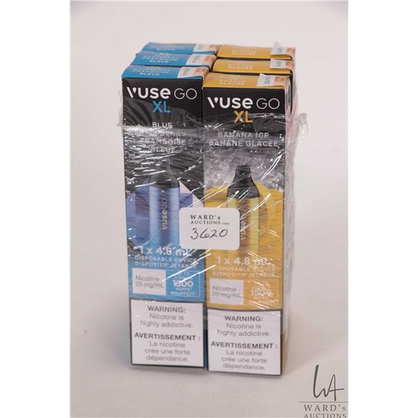 Six 4.8 ml packages of Vuse Go XL including three Blue Raspberry and three Banana Ice disposable nic