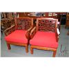 Image 1 : Pair of matching Oriental rosewood parlour chairs with red upholstered seat cushions