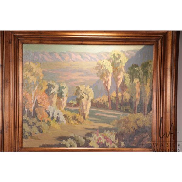 Artist signed acrylic on canvas painting titled on verso "Indian Canyon in early morning light, 24" 