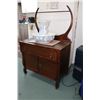 Image 1 : Antique mahogany, two door, one drawer Empire styl washstand with demi lune harp, 28" H, not includi