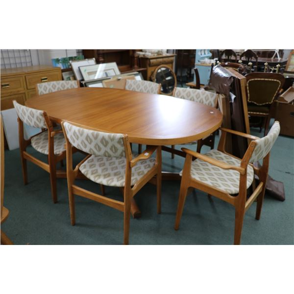 Mid century modern split pedestal dining table, 40" X 67" plus two 20" insert leaves plus six open a