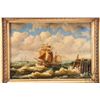 Image 1 : Oil on board painting of a sailing ship on the ocean, no artist signature seen. 7" x 15", Labeled on