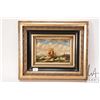 Image 2 : Oil on board painting of a sailing ship on the ocean, no artist signature seen. 7" x 15", Labeled on