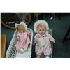 Image 2 : Vintage wicker cradle and a woven wire baby stroller plus two vintage composition dolls