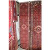 Image 1 : 100% handmade Iranian wool carpet "Hamdan" with center medallion, red background, overall geometric 