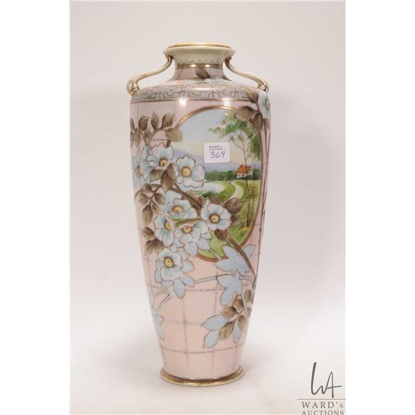 Hand painted Nippon pictorial and floral double handled vase 13 1/2"