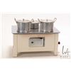 Image 1 : Antique Omega German made child's play stove, with lidded pans, 4 1/4" H X 8" L X 5" D