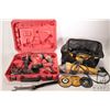Image 1 : Two power tools including Milwaukee hammer drill in case and a Dewalt 5" angle grinder in Dewalt bag