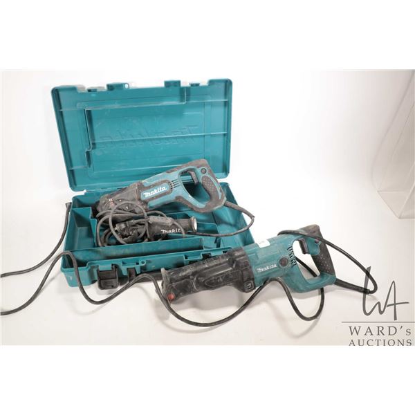 Two Makita power tools including a HR2475 hammer drill with case and two bits plus a JR3050T recipro