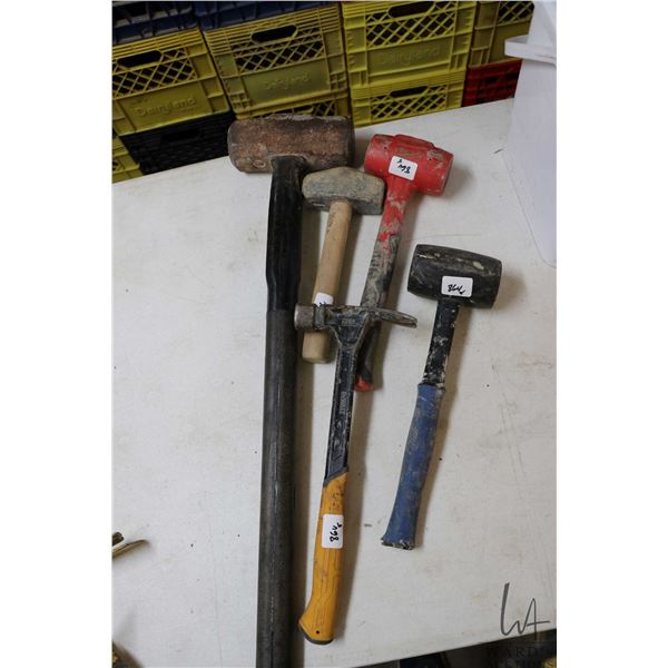 Five assorted hammers including dead blow, sledge hammer, framing hammer, rubber mallet and small sl