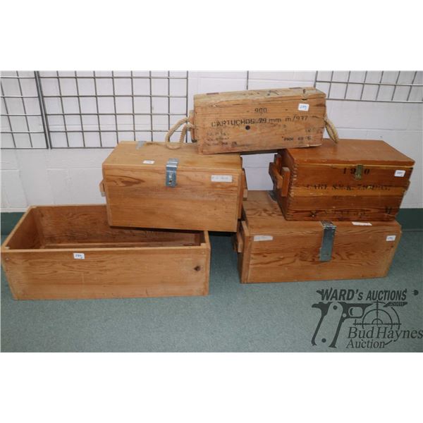 Five wooden ammo boxes Five wooden ammo boxes