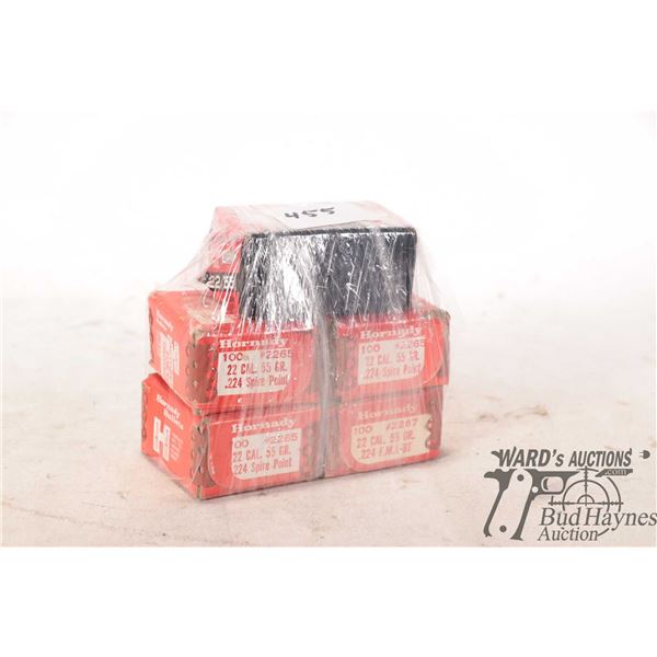 Four full 100 count boxes Hornady .22 cal 55 gr Four full 100 count boxes Hornady .22 cal 55 gr spir