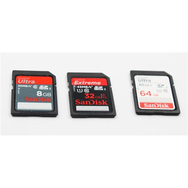 LOT OF 3 SANDISK ULTRAAND EXTRME64,32,8 GB
