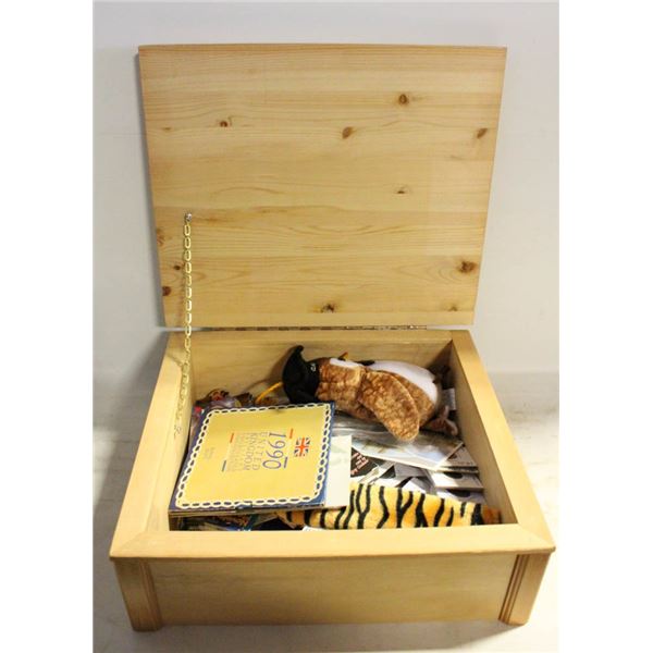 WOOD BOX WITH COINS AND OTHER MEMORABILIA