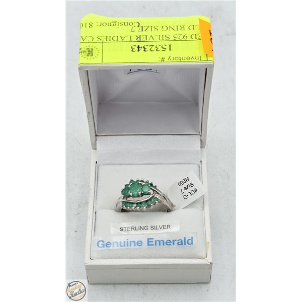 STAMPED 925 SILVER LADIES CAST EMERALD RING SIZE 7