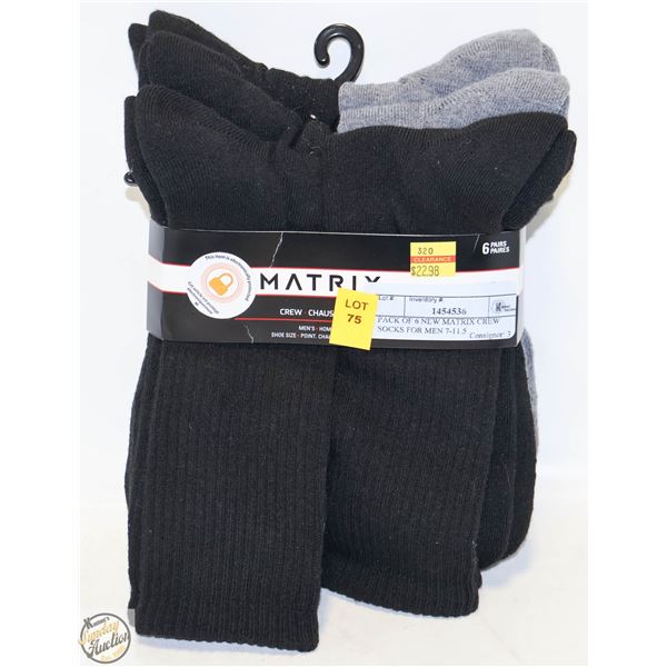 PACK OF 6 NEW MATRIX CREW SOCKS FOR MEN 7-11.5
