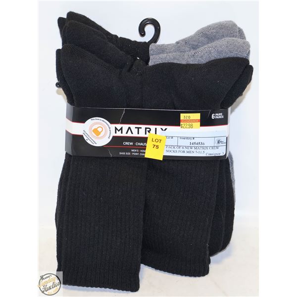 PACK OF 6 NEW MATRIX CREW SOCKS FOR MEN 7-11.5